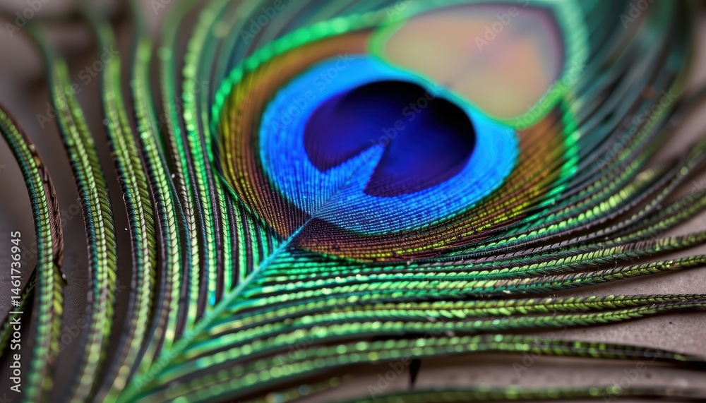 Naklejka premium Iridescent Peacock Feather Displaying Stunning Blue and Green Colors in Close Up Detail