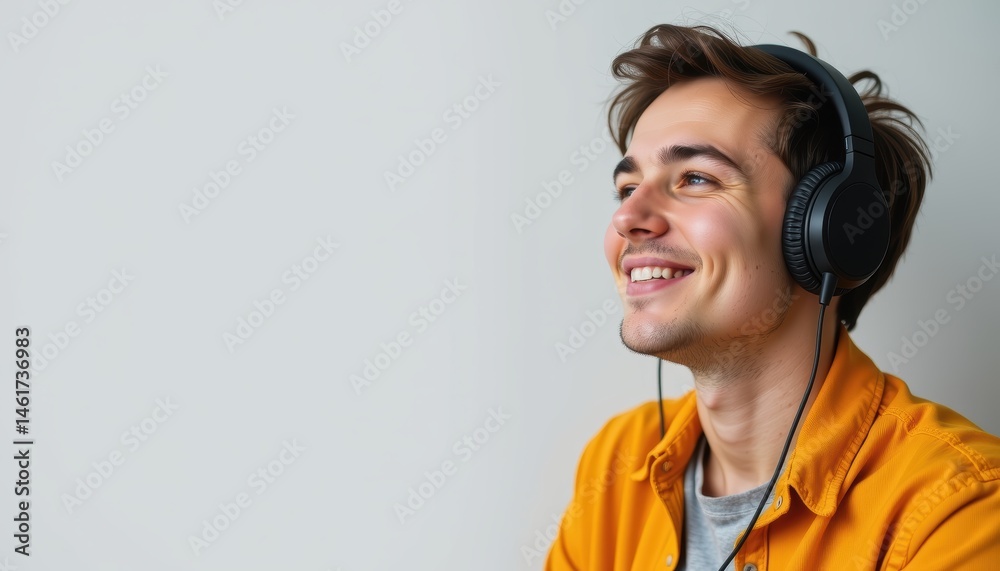 Young Man Smiling While Listening to Music with Headphones in a Casual Environment