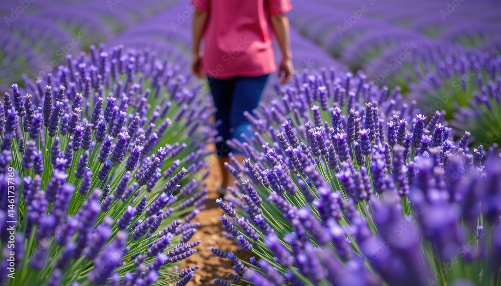 Woman Walking Through A Vibrant Lavender Field In Full Bloom During A Sunny Summer Day