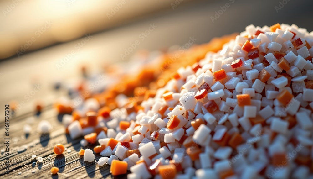Closeup Of A Pile Of Colorful Granulated Salt With Orange And White Crystals On A Wooden Surface