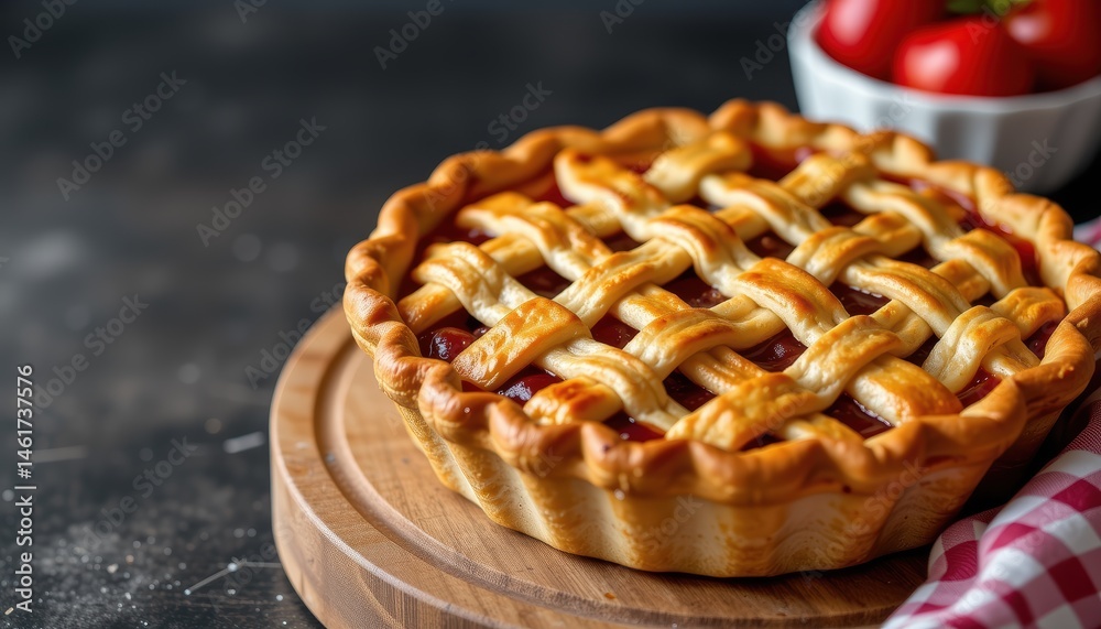 Delicious Homemade Strawberry Pie With Lattice Crust Displayed On A Wooden Cutting Board