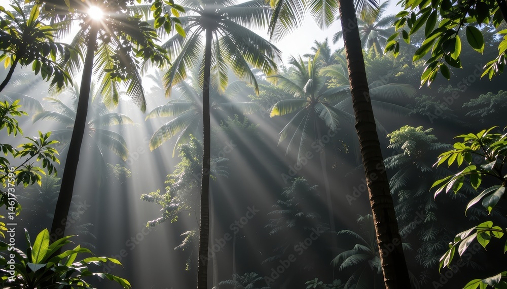 Dramatic Sunlight Streaming Through Lush Tropical Palm Trees in a Serene Forest Landscape