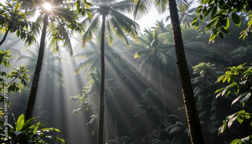 Obraz na płótnie Dramatic Sunlight Streaming Through Lush Tropical Palm Trees in a Serene Forest Landscape w salonie