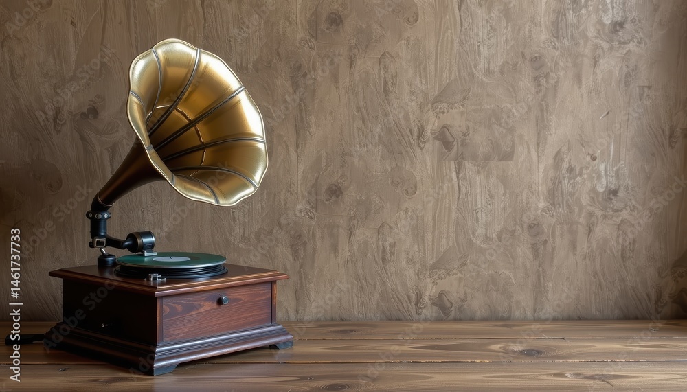 Vintage Gramophone on Wooden Surface Against a Timeless Textured Wall Background