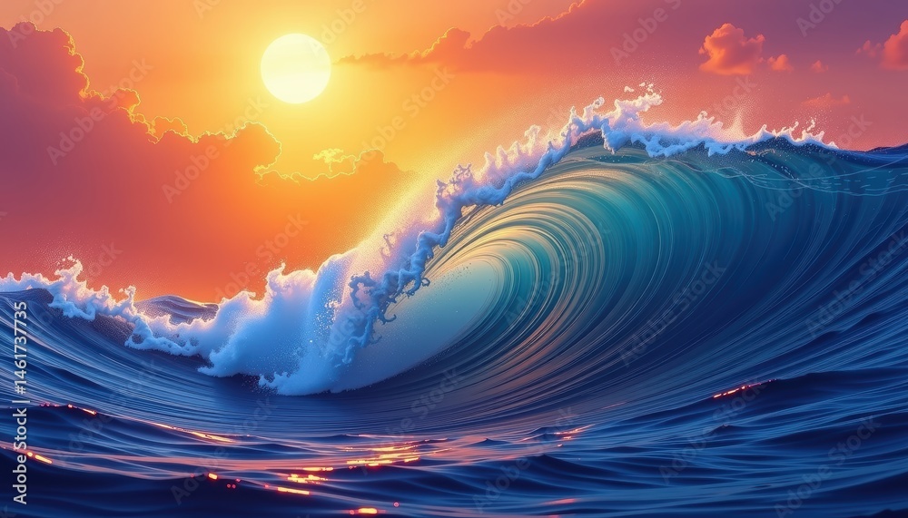 Majestic Ocean Wave Cresting at Sunset with Vibrant Colors and Serene Clouds in the Sky
