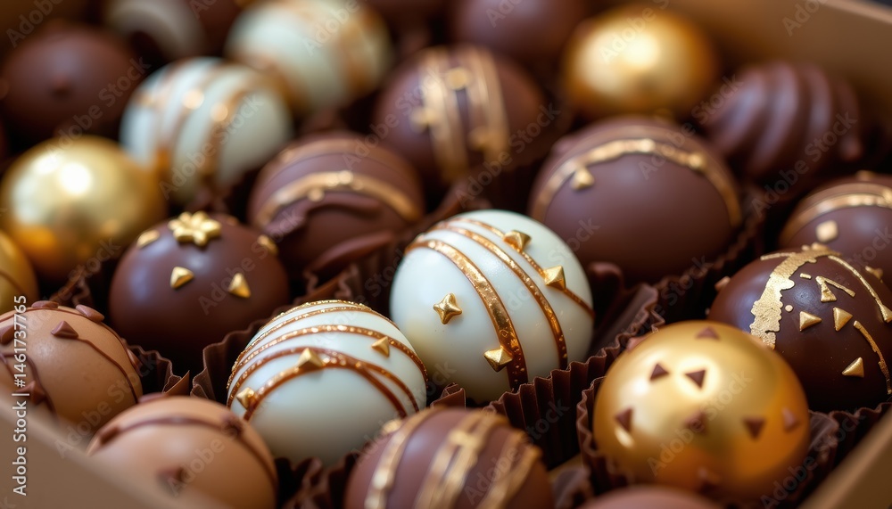 Variety of Decorative Chocolate Balls in an Elegant Box with Rich Colors and Golden Accents
