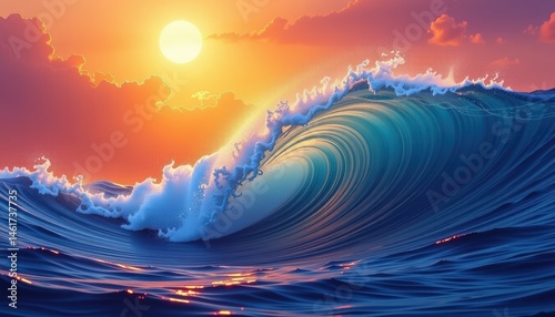 Obraz na płótnie Majestic Ocean Wave Cresting at Sunset with Vibrant Colors and Serene Clouds in the Sky w salonie