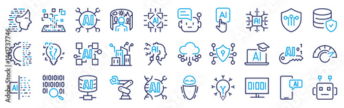 Artificial intelligence web icons in line style. AI technology icons for web and mobile app. Machine learning, digital AI technology, algorithm, smart robotic and cloud computing network