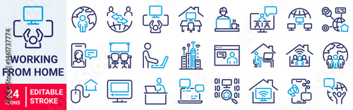 Working from home web line icon set. Containing remote work, work online, freelancing, home office, digital nomad.
