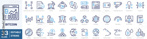 Bitcoin set of line web icons. Cryptocurrency economy. Blockchain package. NFT. Collection of Outline Icons. Vector illustration.