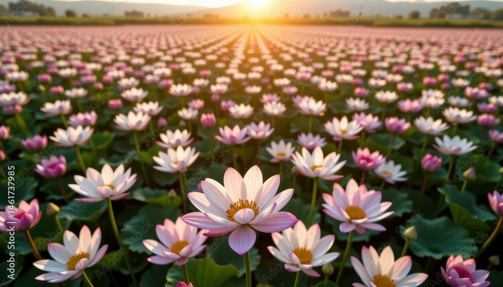 Vast Field of Blooming Lotus Flowers at Sunrise with Warm Light Illuminating the Landscape