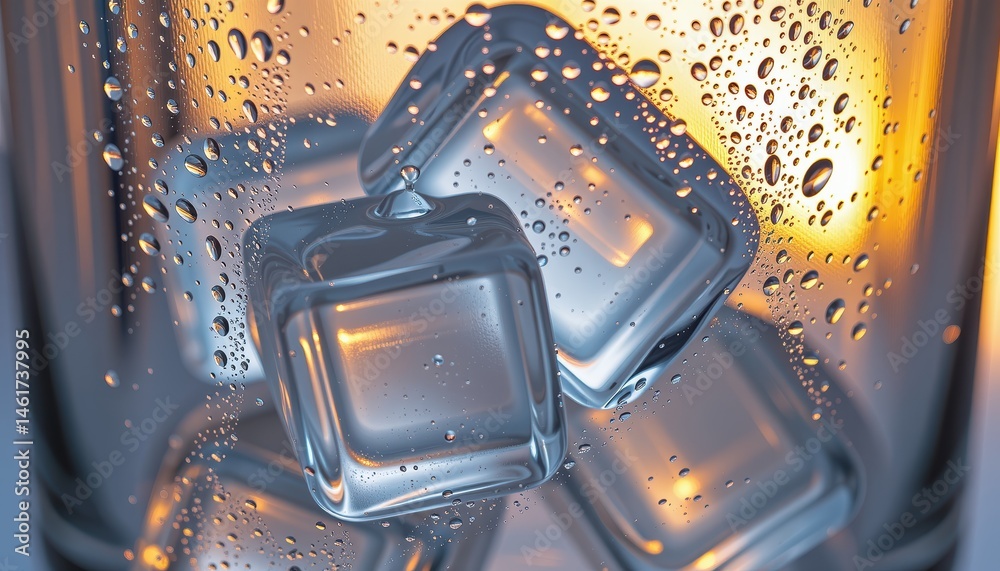 Close-Up of Ice Cubes in a Glass with Bubbles and Warm Lighting Creating a Refreshing Atmosphere