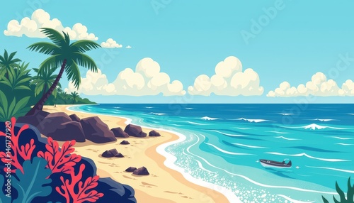 Obraz na płótnie Vibrant Tropical Beach Landscape with Clear Ocean Waves and Lush Palm Trees Under a Bright Sky w salonie