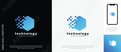 Technology pixel hexagon logo design. Technology pixel logo template. Technology logo symbol icon