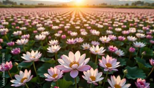 Obraz na płótnie Vast Field of Blooming Lotus Flowers at Sunrise with Warm Light Illuminating the Landscape w salonie