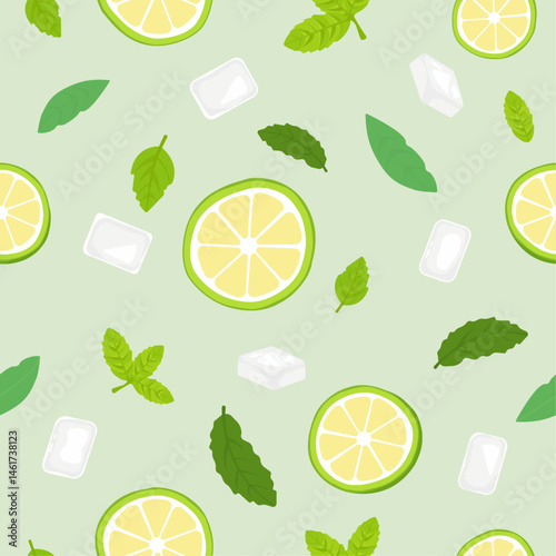  Seamless summer pattern with lime slices, mint leaves, and ice cubes on light green background. Fresh, fruity, and perfect for drinks, cocktails, kitchen, or tropical designs.