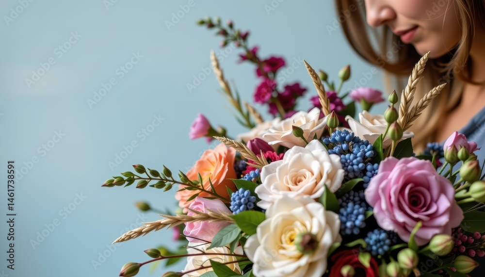 Young Woman Holding Colorful Flower Bouquet with Roses and Spring Blooms Against Blue Backdrop