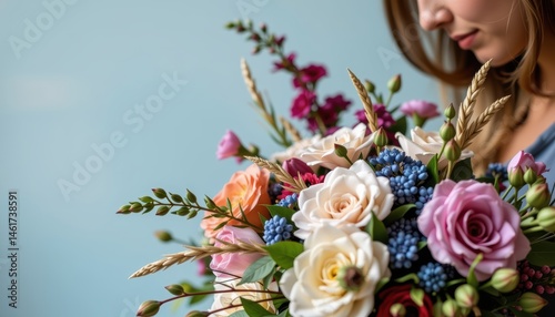 Obraz na płótnie Young Woman Holding Colorful Flower Bouquet with Roses and Spring Blooms Against Blue Backdrop w salonie
