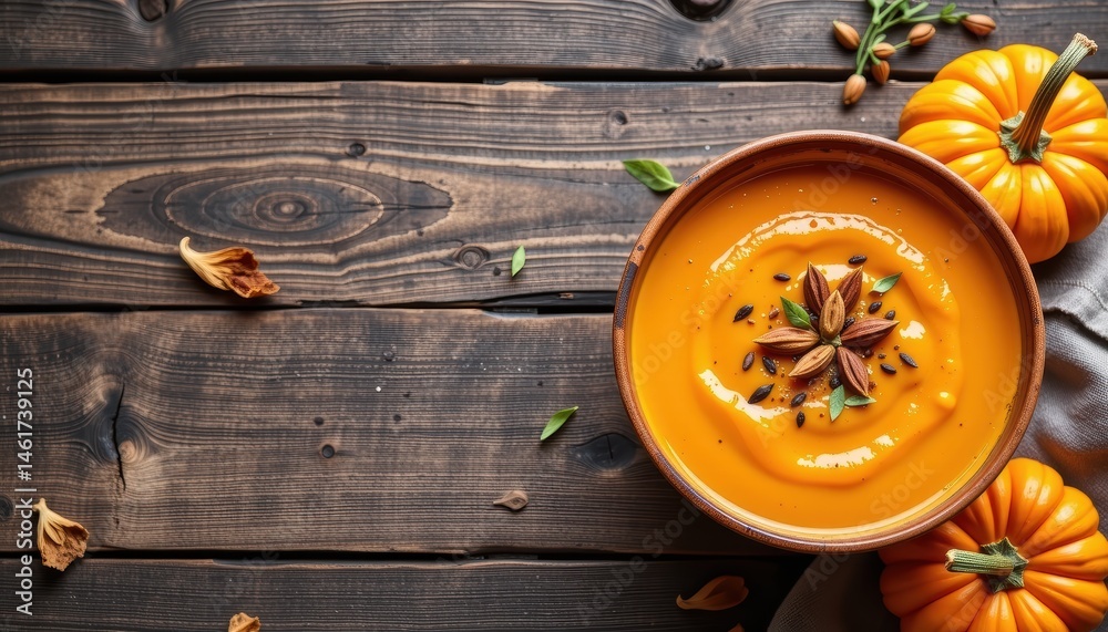 Delicious Pumpkin Soup with Spices in a Bowl Surrounded by Autumn Leaves and Pumpkins on Rustic Table