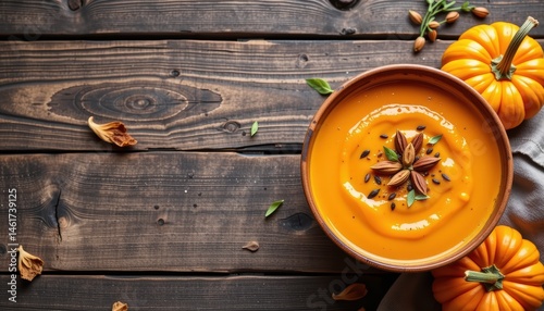 Obraz na płótnie Delicious Pumpkin Soup with Spices in a Bowl Surrounded by Autumn Leaves and Pumpkins on Rustic Table w salonie