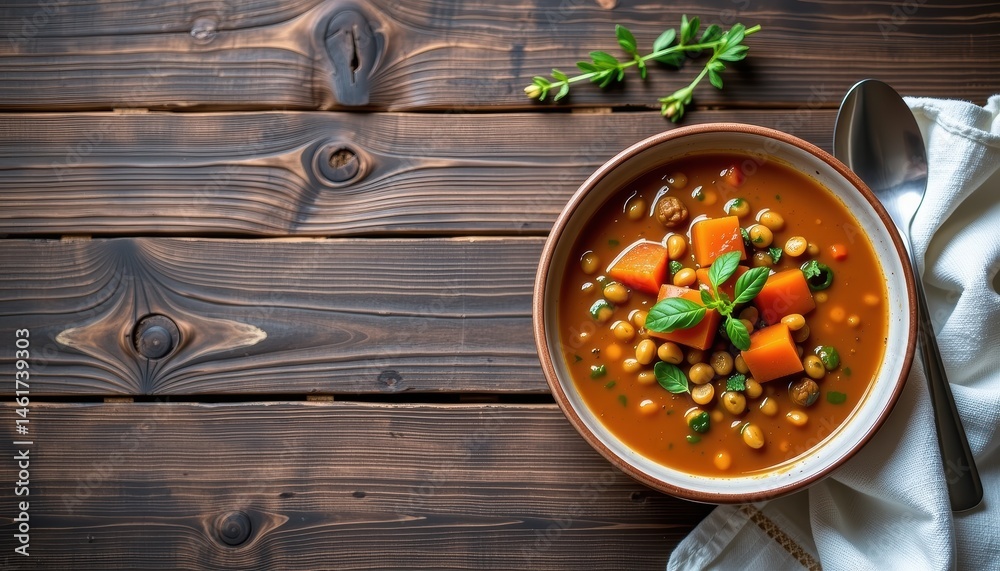 Bowl of Healthy Pumpkin and Chickpea Soup Garnished with Fresh Mint on a Wooden Table