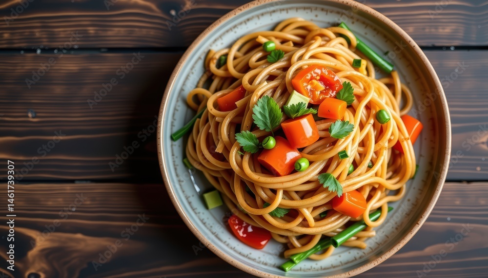 Colorful Plate of Spaghetti with Fresh Vegetables on Rustic Wooden Table
