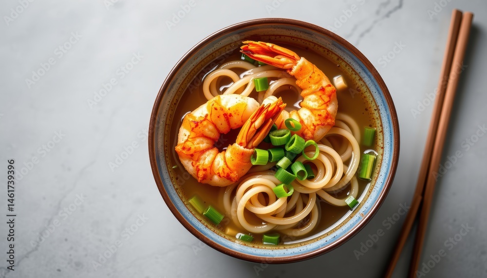 Bowl Of Shrimp Noodle Soup Garnished With Green Onions On A Light Gray Table
