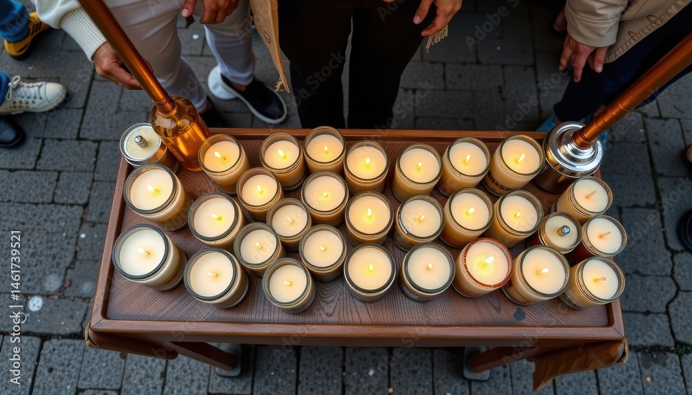 Numerous Burning Candles on a Wooden Table Surrounded by People in a Celebratory Ceremony