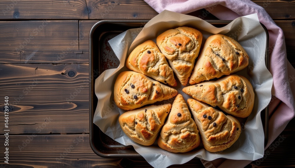Freshly Baked Golden Blueberry Scones Arranged on a Rustic Wooden Table with Baking Pan