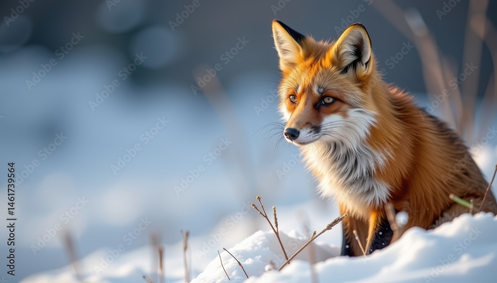 Close-Up Portrait of a Beautiful Red Fox Sitting in Snowy Wilderness During Winter