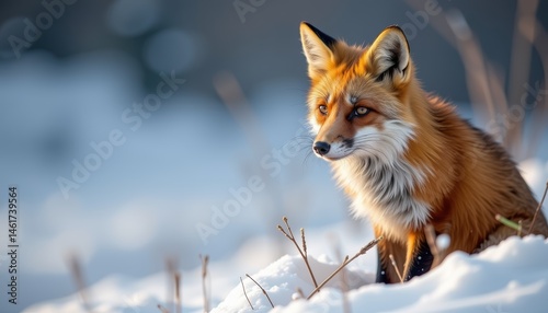 Obraz na płótnie Close-Up Portrait of a Beautiful Red Fox Sitting in Snowy Wilderness During Winter w salonie