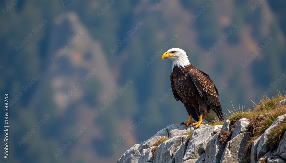 Bald Eagle Perched on Rocky Outcrop with Majestic Mountain Landscape in Background