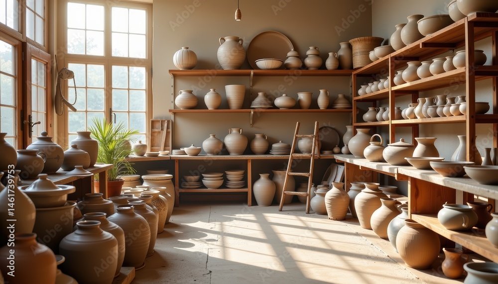 Cozy Pottery Studio with Shelves Full of Handcrafted Clay Pots Bathed in Natural Light