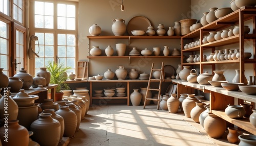 Obraz na płótnie Cozy Pottery Studio with Shelves Full of Handcrafted Clay Pots Bathed in Natural Light w salonie