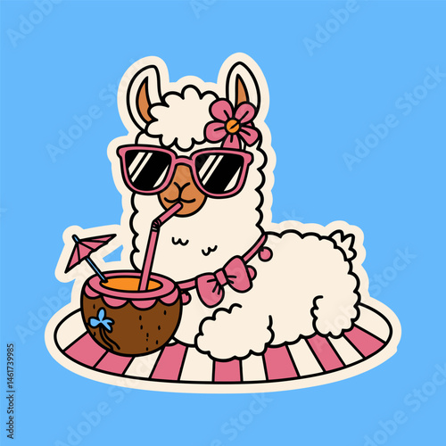 Cute Llama Drinking Coconut Juice on Vacation Vector Illustration