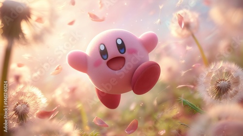 Dreamy Escapade: A Pink Character's Joyful Leap Through a Dandelion Field