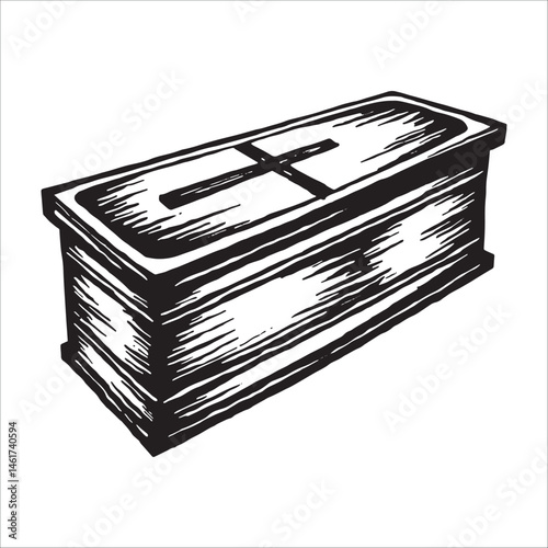 Vintage wooden coffin illustration, Hand drawn gothic funeral casket with Christian cross art.