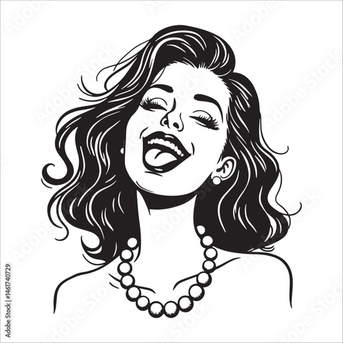 Retro comic woman laughing illustration, Excited happy female portrait in vintage pop art style.