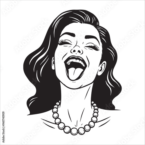 Retro comic woman laughing illustration, Excited happy female portrait in vintage pop art style.