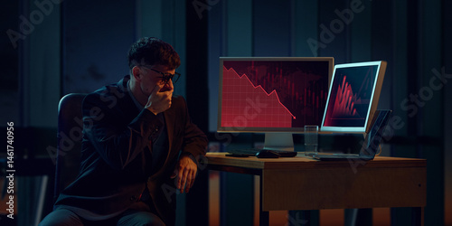 Shocked young trader covers mouth in despair, looking at computer screens displaying downturn graphs. Concept of financial market crash, business loss, economic crisis, failure