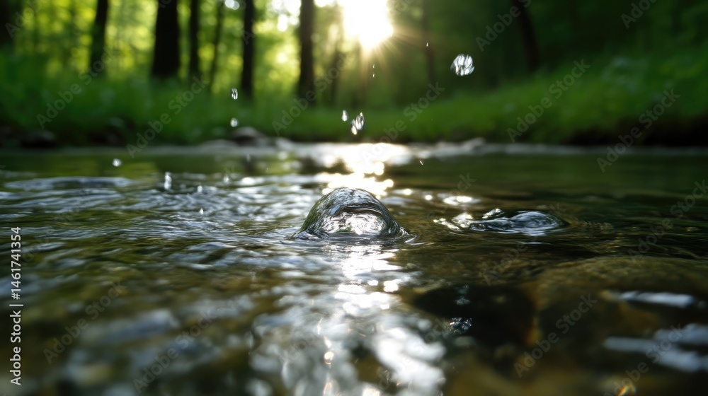 Fototapeta premium Crystal-clear stream in a sunlit forest. Water droplets splash in shallow creek