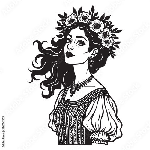 Beautiful boho woman with floral crown illustration, Vintage gypsy girl black and white portrait art.