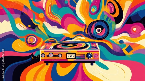 Colorful abstract illustration featuring a vintage record player with swirling psychedelic patterns, evoking a retro and artistic vibe. Music and vibrant colors create a dynamic composition.
