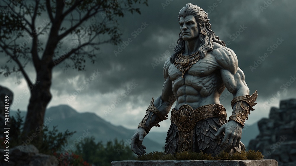 Obraz premium A statue of Saigros, hooked back summoning spirits along dreamward paths