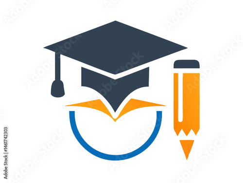 Academic achievement concept icon with graduation cap and pen. A simple, modern icon representing education and learning. 