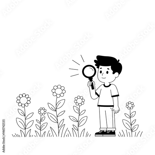 Boy exploring flowers with a magnifying glass against a garden background