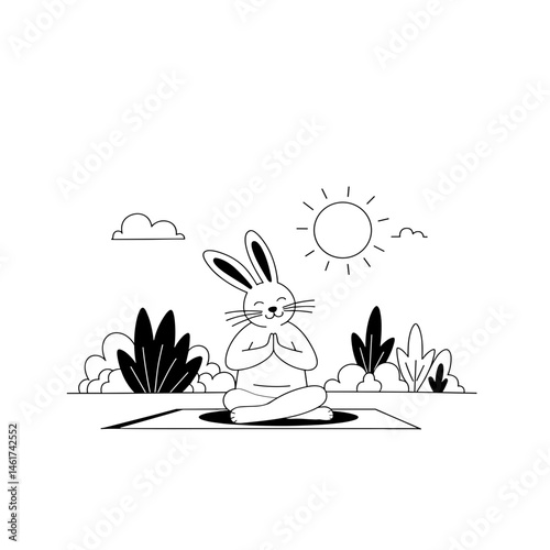 Bunny meditating in the sun among plants
