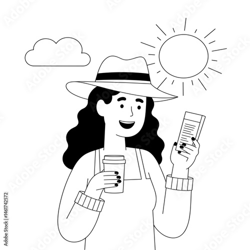 Woman smiling with a boarding pass and coffee under sunny skies