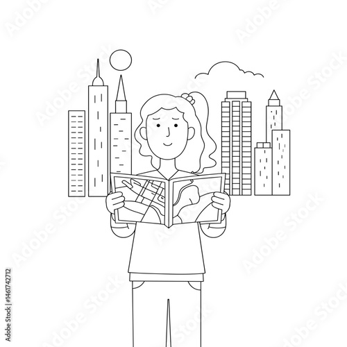 Girl reading a travel map in front of city skyline