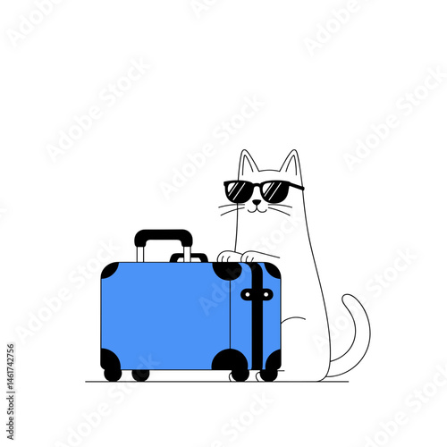 Cat in sunglasses next to blue rolling suitcase